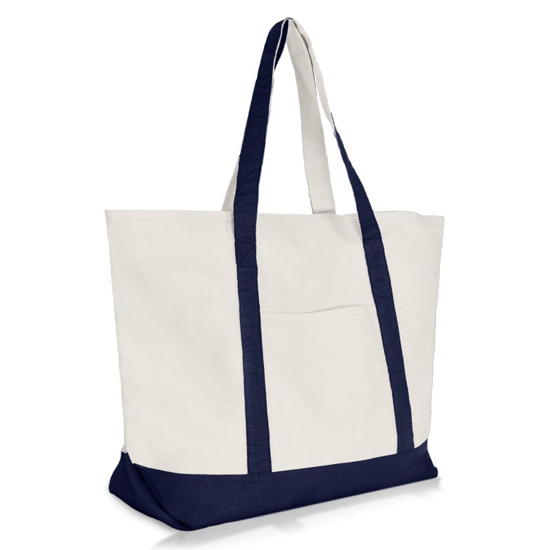 DALIX 22" Large Cotton Canvas Zippered Shopping Tote Grocery Bag in Navy Blue - Image 1